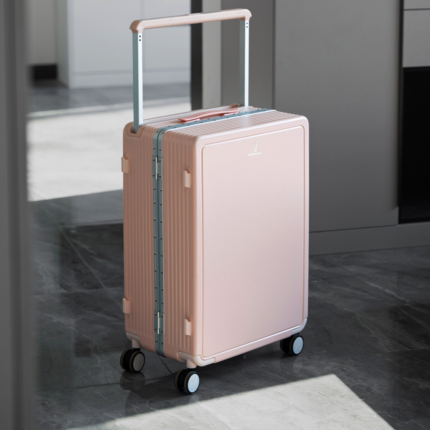 袋鼠行李箱可上飞机20寸登机pc材质宽拉杆女旅行密码皮箱子粉色24