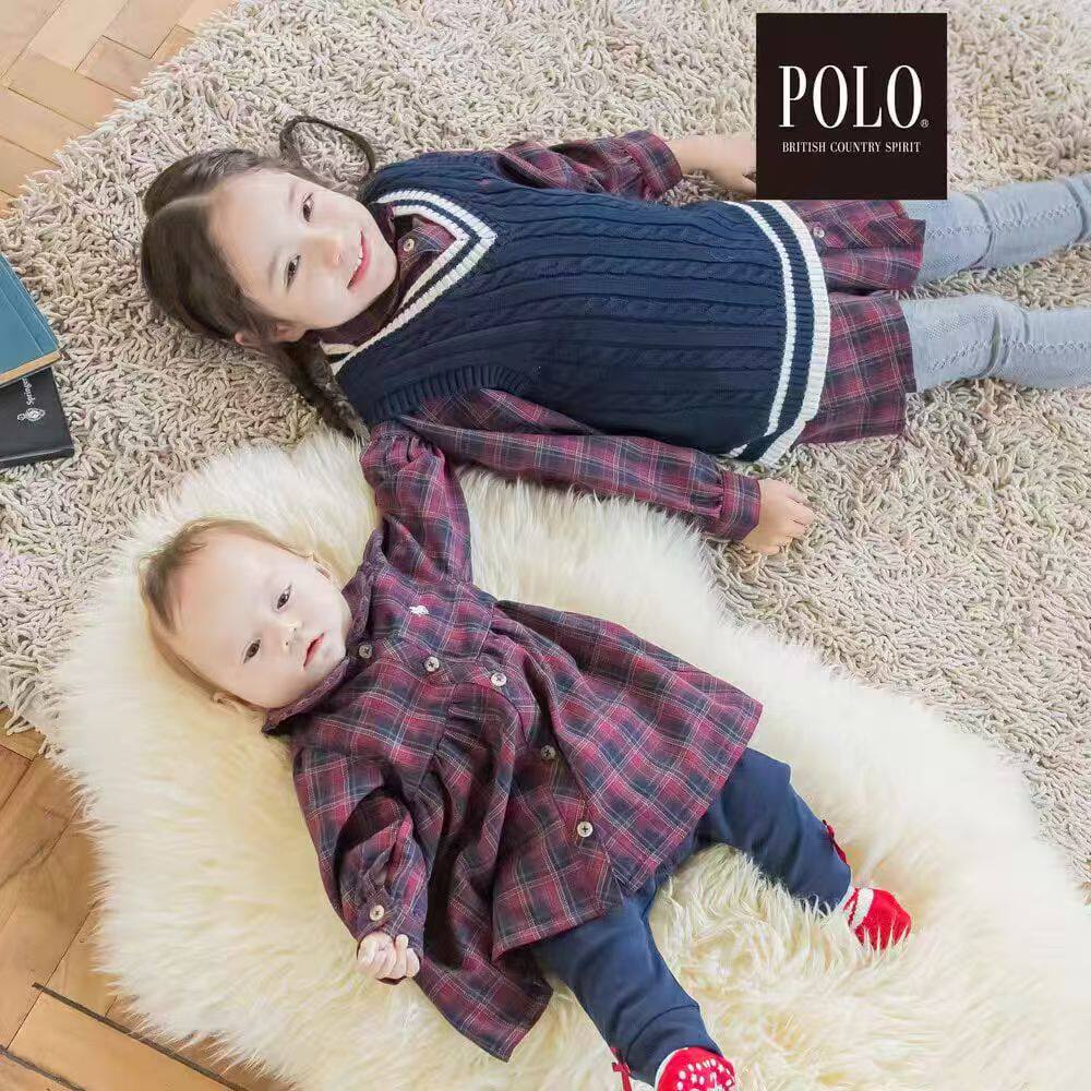 纯原日单尾货POLO&SLAP SLIP联名女童格子衬衫连衣裙学院风衬衫裙