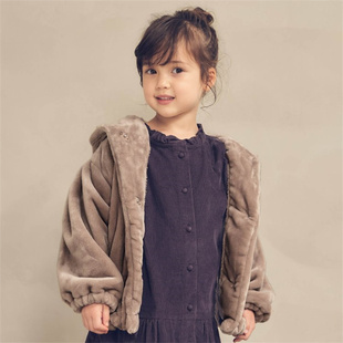 日单 alc秋冬季女童女宝宝加绒外套棉衣毛毛衣连帽纯色仿皮草洋气