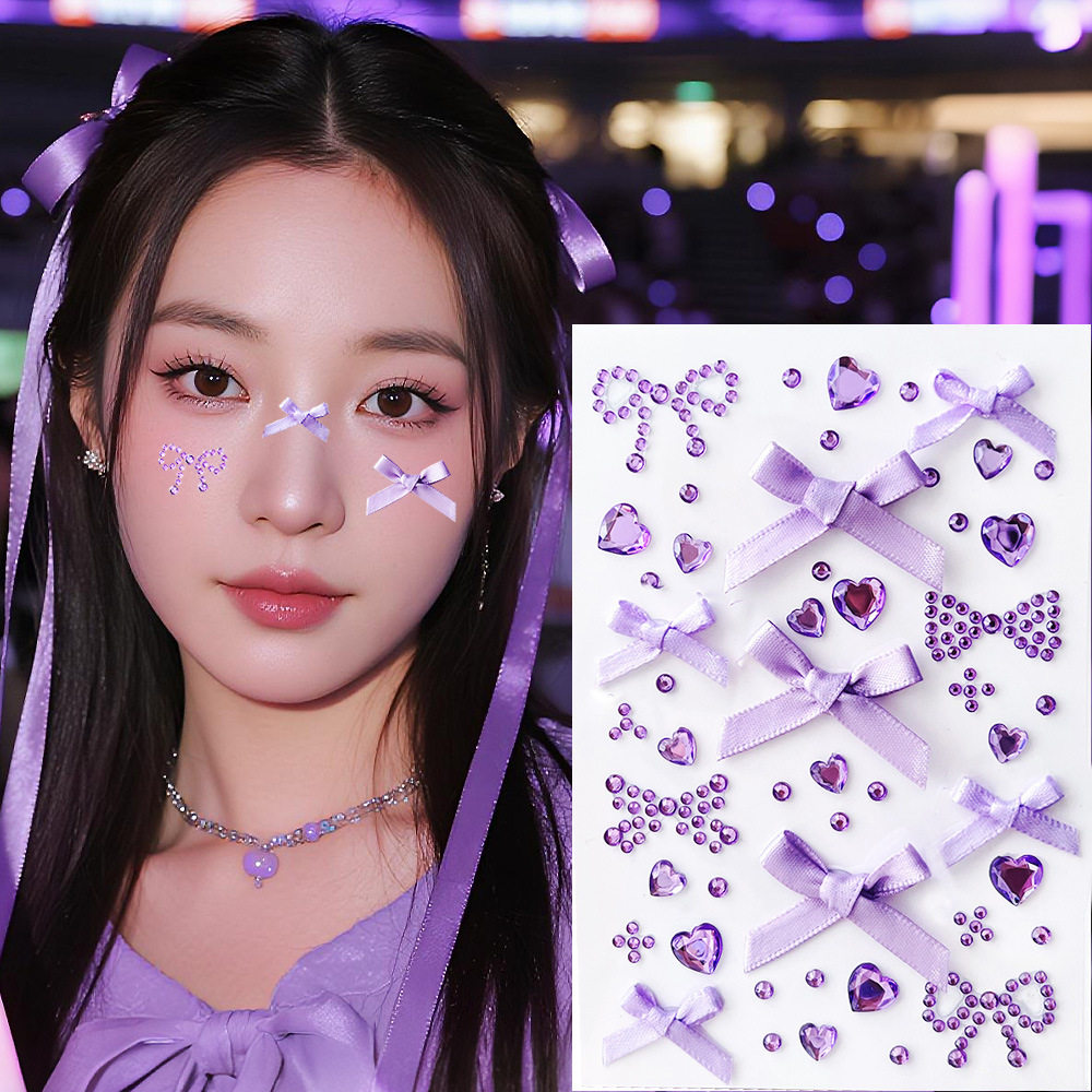紫色应援妆脸上贴饰品音乐节演唱会面贴水钻蝴蝶结眼妆小钻石贴纸