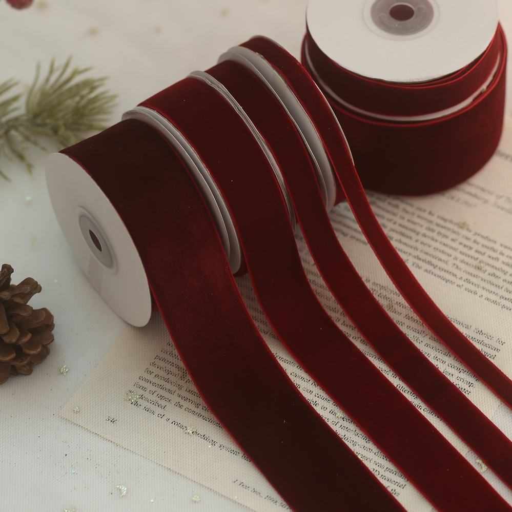 酒红色丝带天鹅绒单面植绒带圣诞节装饰春节红色丝绒礼品盒包装
