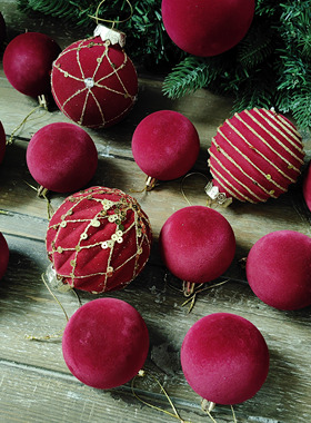 暗红色丝绒球6cm圣诞节圣诞球植绒彩绘酒红色圣诞树装饰8cm绒布球