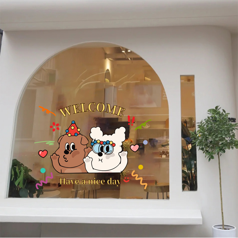 ins风网红店铺橱窗玻璃装饰品小红书韩式可爱小狗静电门贴墙贴画,家居饰品,软装墙贴,淘宝优惠券,粉丝福利购,淘宝优惠卷