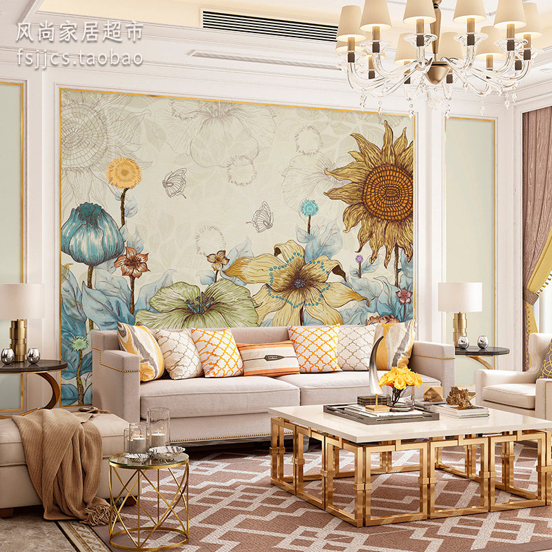 定制美式背景墙壁布奶油法式简欧向日葵花卉客厅卧室沙发电视壁画