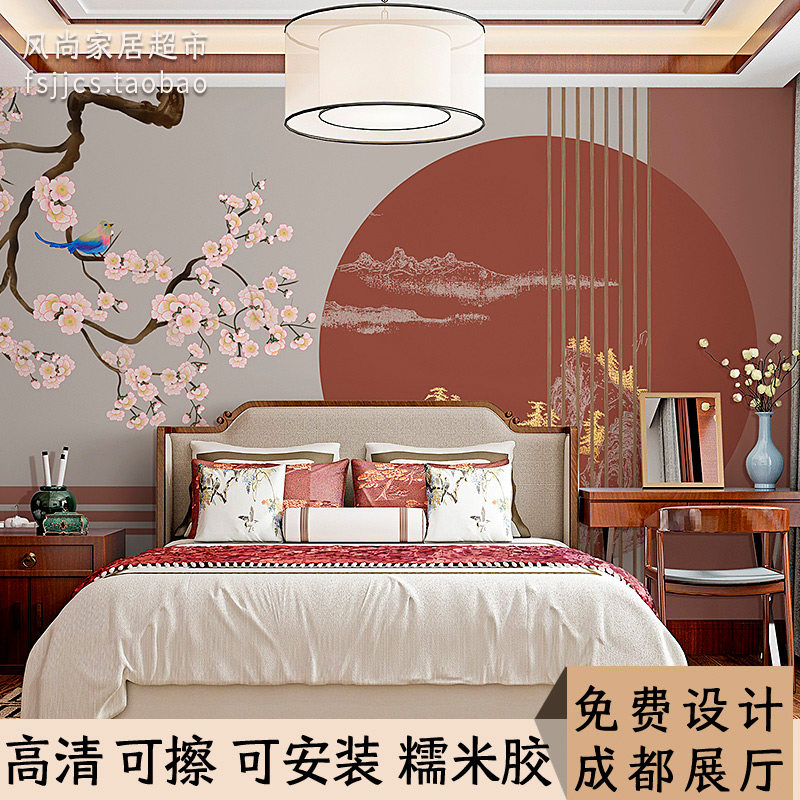 定制新款花鸟山水素描线条阁楼壁画客厅主卧书房电视背景墙布壁纸