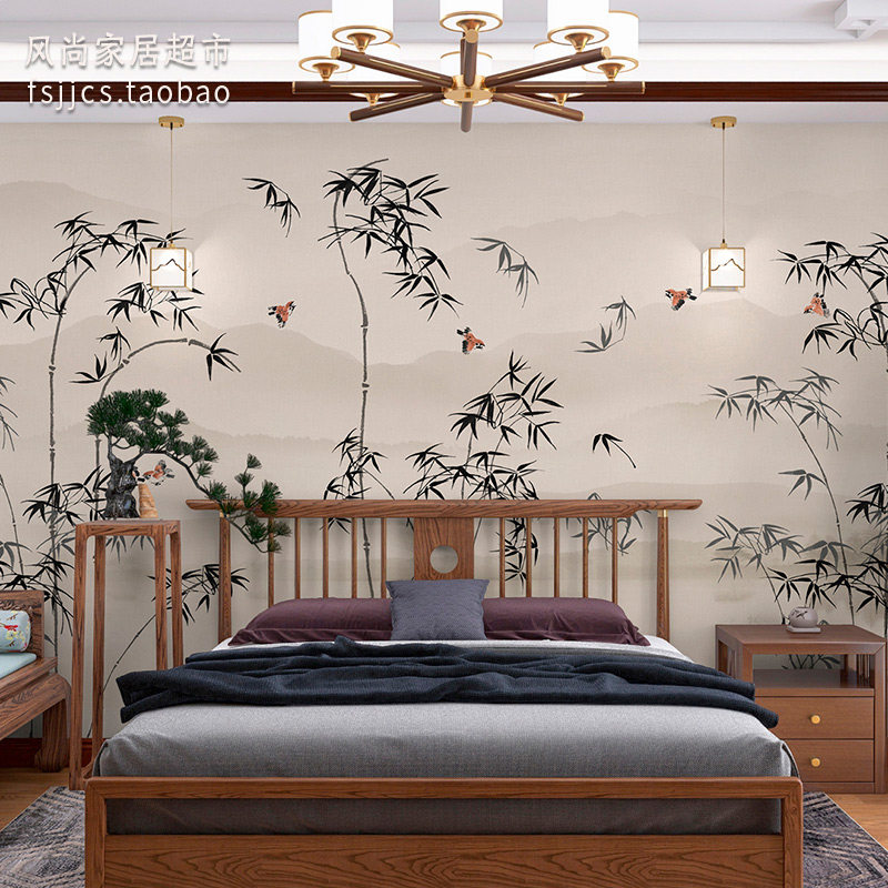 定制浅杏色现代新中式水墨山水竹子小鸟壁画客厅卧室民宿背景墙画