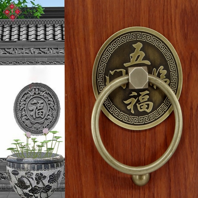 纯黄铜拉手中式仿古柜门庭院门铜配件复古铜把手老式木门铜门环扣