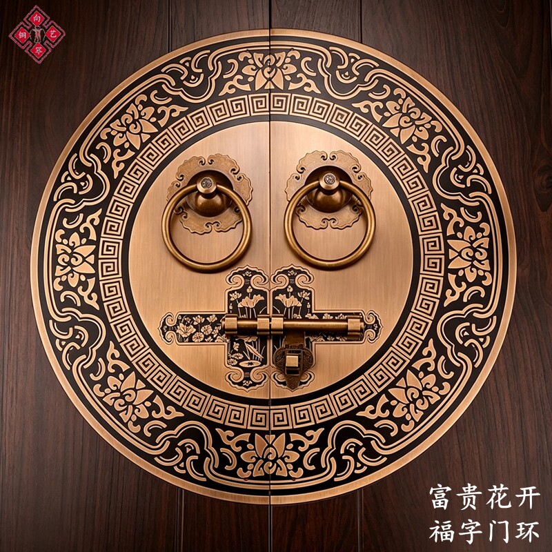 中式门环把手仿古大门纯黄铜插销拉环复古木门铜麒麟兽头拉手挂锁