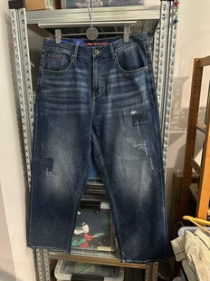 32码 重水洗 偏大 腰围 全品相 外贸男式 重工刺子补丁牛仔长裤