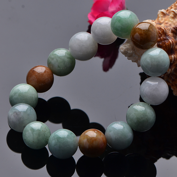 缅甸老坑A货翡翠手串 冰糯种三彩玉石玉器霸气手链直径13mm15珠