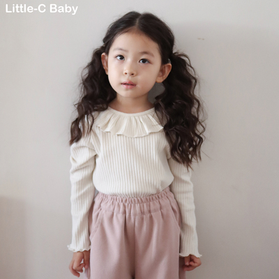 韩国女童2025秋冬新款花边领长袖t恤纯棉螺纹打底衫内搭外穿