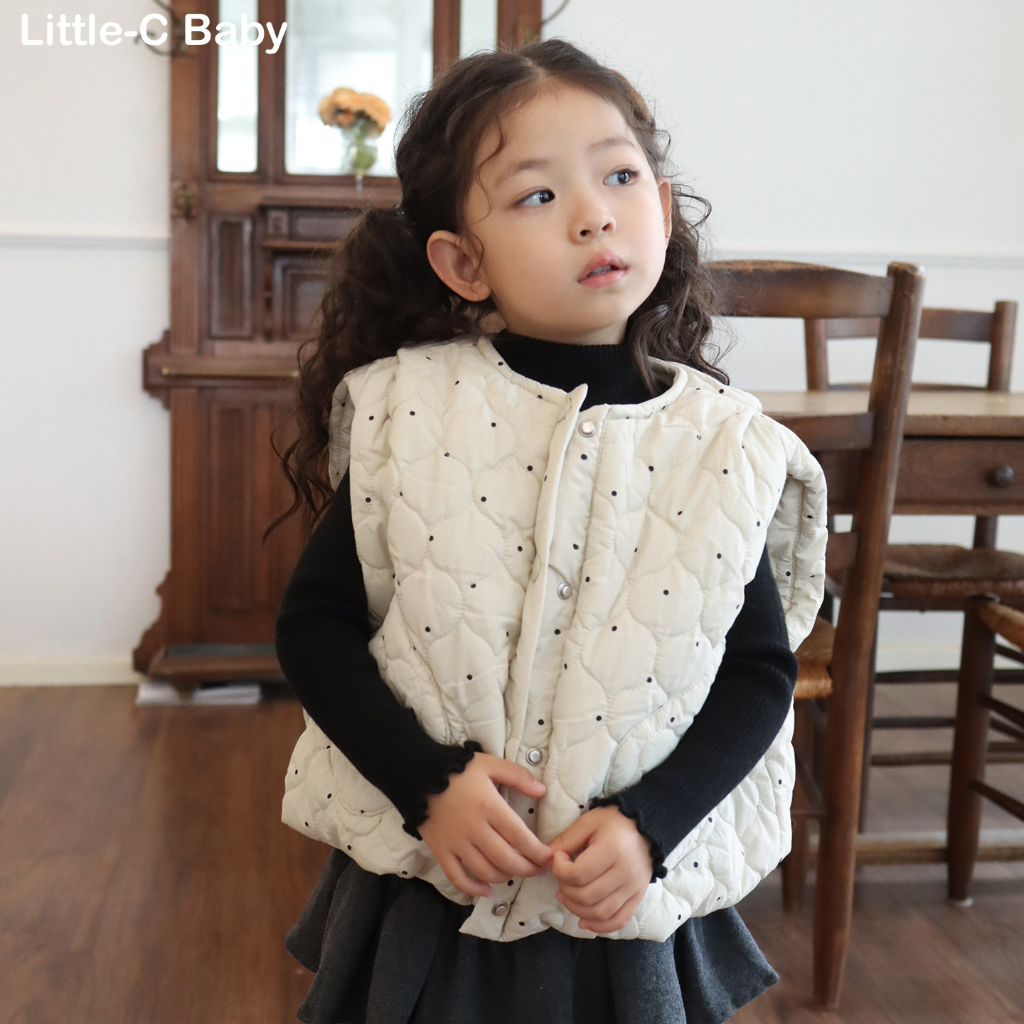 杏色波点！韩国女童2025秋冬新款加厚保暖棉马甲宝宝外穿坎肩