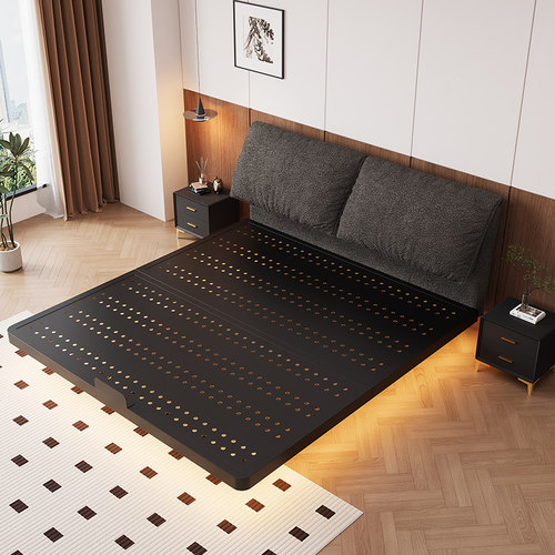 悬浮床双人床卧室家用碳素钢架床民宿单人床洞洞板象耳软包铁艺床 - 封面