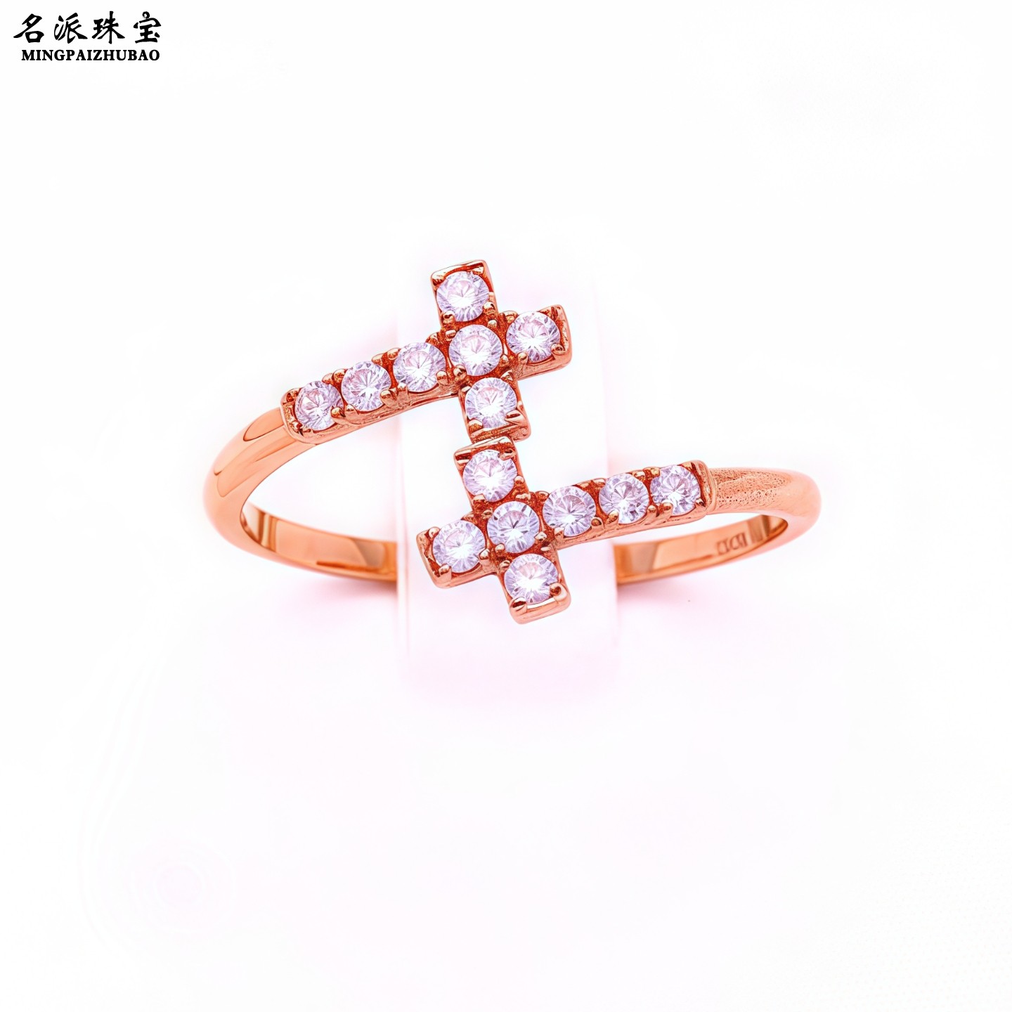 俄罗斯585彩金双十字架精致戒指