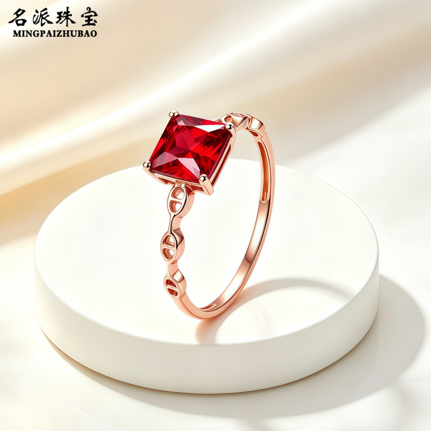 俄罗斯585紫金方形红宝石戒指女14K玫瑰金指环轻奢显白送女友礼物