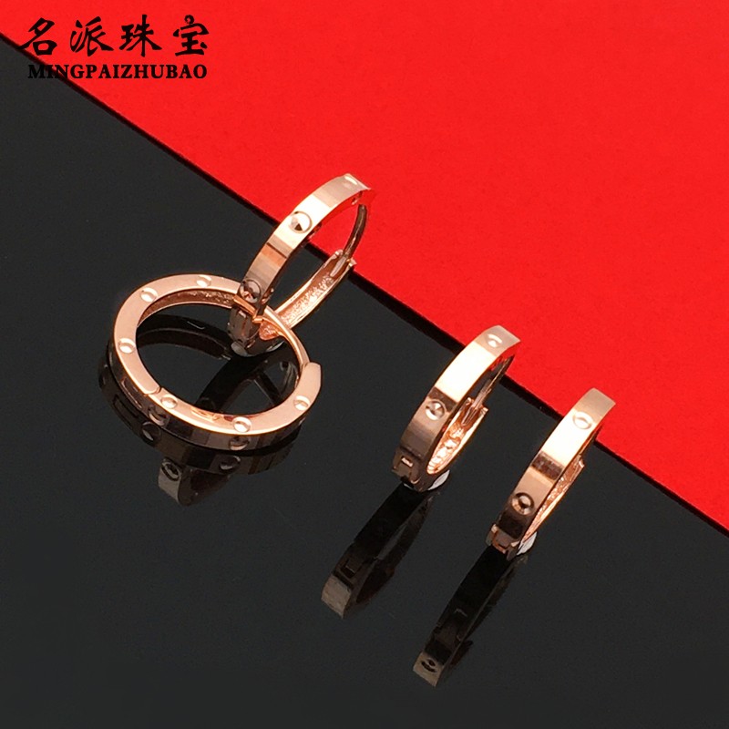 俄罗斯585正品14K金耳环真金彩金玫瑰金光面耳圈车花紫金耳扣耳骨