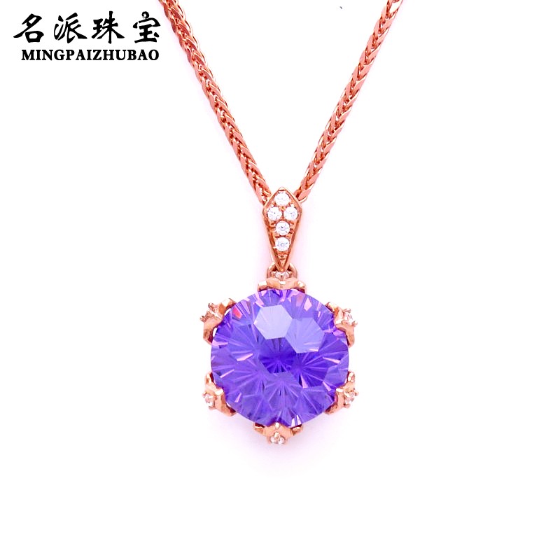 名派珠宝纯14K彩金俄罗斯585玫瑰金新品时尚大气紫色宝石圆形吊坠
