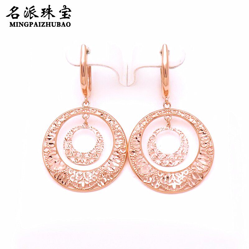 名派珠宝俄罗斯585紫金14K彩金玫瑰金喜爱福气质镂空圆形灵动耳环