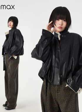 didimax冬季新款咖啡复古机车外套 美式加绒收腰夹克上衣W36185