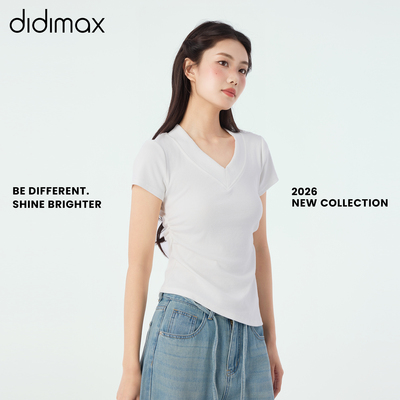 didimax夏季新款V领修身显瘦深灰基础款短袖T恤女斜边上衣X08313