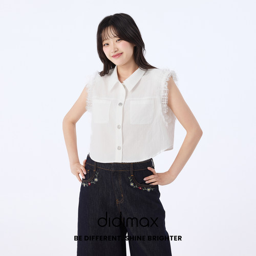 didimax夏季新款白色无袖蕾丝边衬衫 凉感短款上衣女衬衣X49122