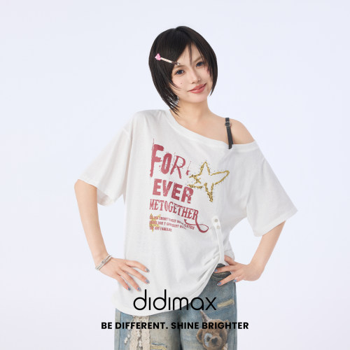 didimax夏季新款宽松型T恤落肩袖 斜肩短袖 美式百搭上衣X48617