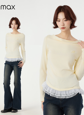 didimax春季新款原创一字领淡黄色小衫女上衣蕾丝边T恤原创C46703