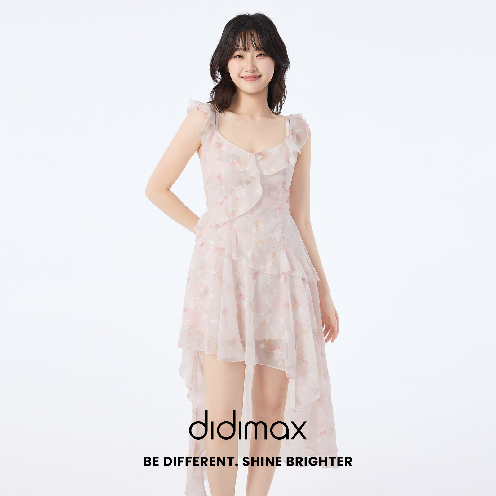 didimax夏季新款粉红色V领吊带不规则裙 雪纺连衣裙女少女X79156