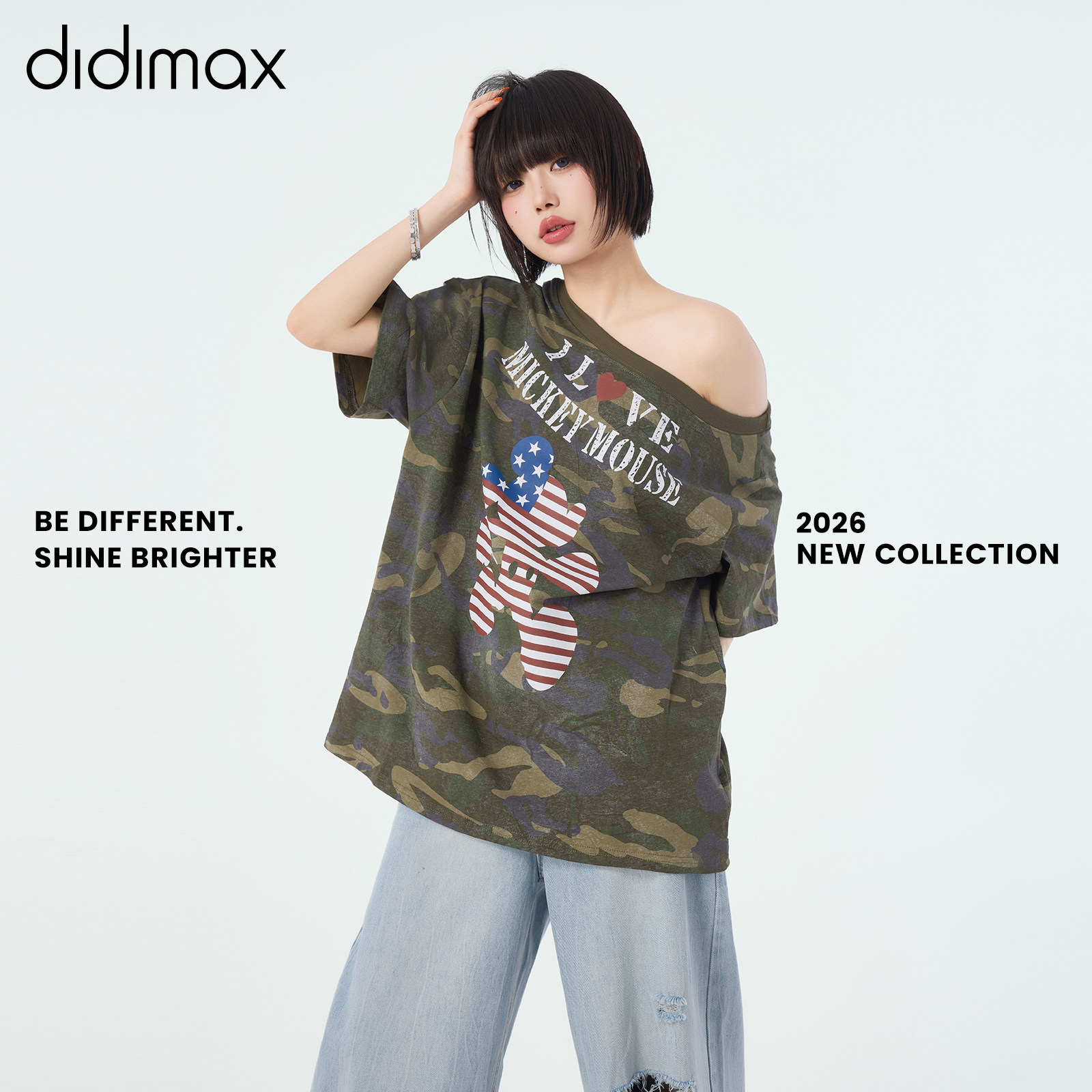 didimax夏季新款斜肩露肩T恤衫宽松短袖迷彩辣妹上衣大领口X08015