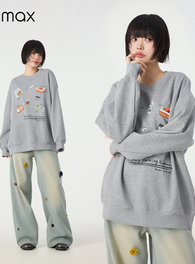 didimax冬季新款灰色加绒宽松卫衣 圆领卡通图案 女上衣W06635