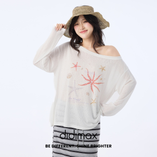 didimax夏季新款白色宽松海星印花雪纺衫 露肩莱赛尔长袖X49130