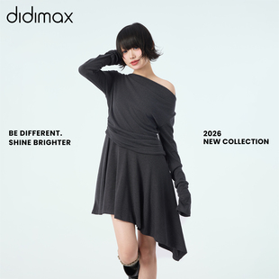 didimax春季新款斜肩长袖连衣裙 不规则中裙 休闲内搭裙子C77297