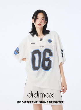 didimax夏季新款白色v领休闲T恤 运动风宽松短袖网眼面料X09845