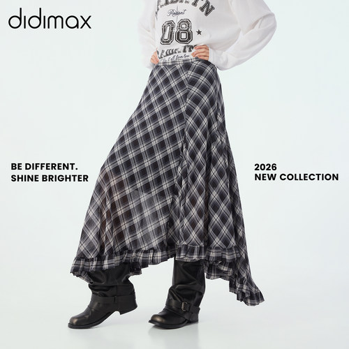 didimax夏季新款黑白灰格纹网纱不规则裙 荷叶边半身裙X68287