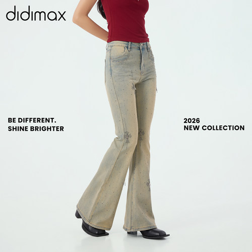 didimax夏季新款复古做旧蓝色微喇牛仔裤 休闲长裤修身亮片X58411