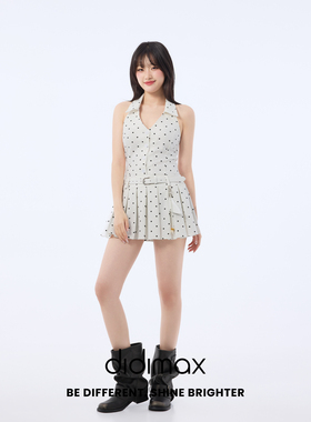 didimax夏季新款白色挖肩翻领连衣裙 波点百褶裙短裙女无袖X79459