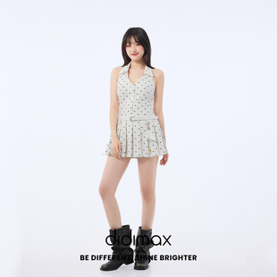 didimax夏季新款白色挖肩翻领连衣裙 波点百褶裙短裙女无袖X79459