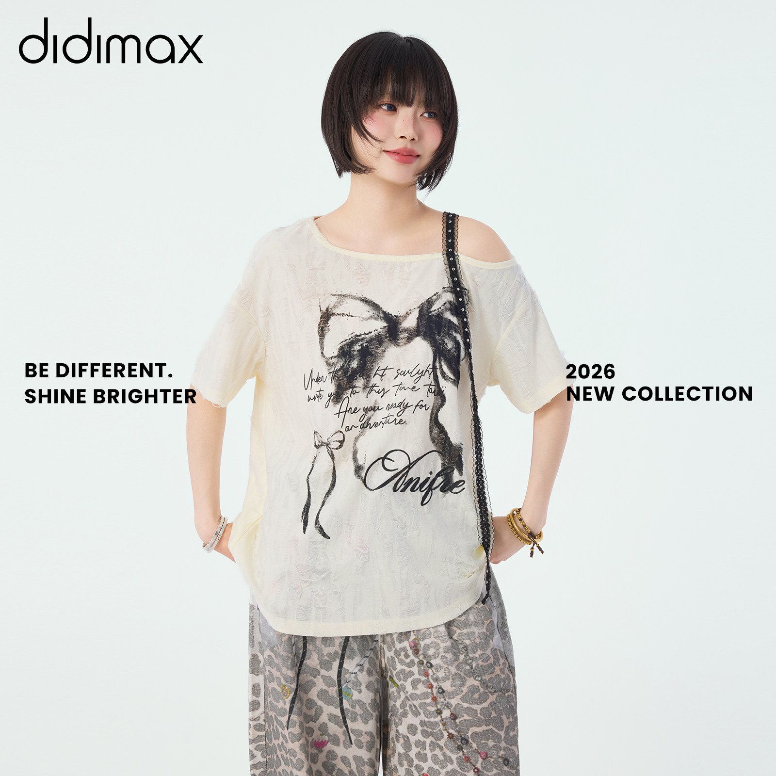 didimax夏季新款杏色露肩短袖 宽松休闲风雪纺衫 印花上衣X48480