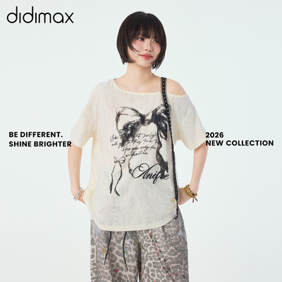 didimax夏季新款杏色露肩短袖 宽松休闲风雪纺衫 印花上衣X48480