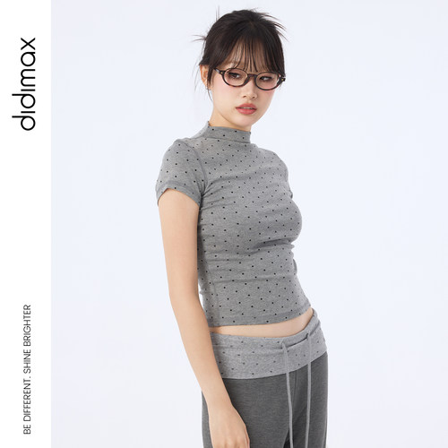 didimax秋季新款灰色立领修身型短袖波点短款上衣女打底衫Q49962