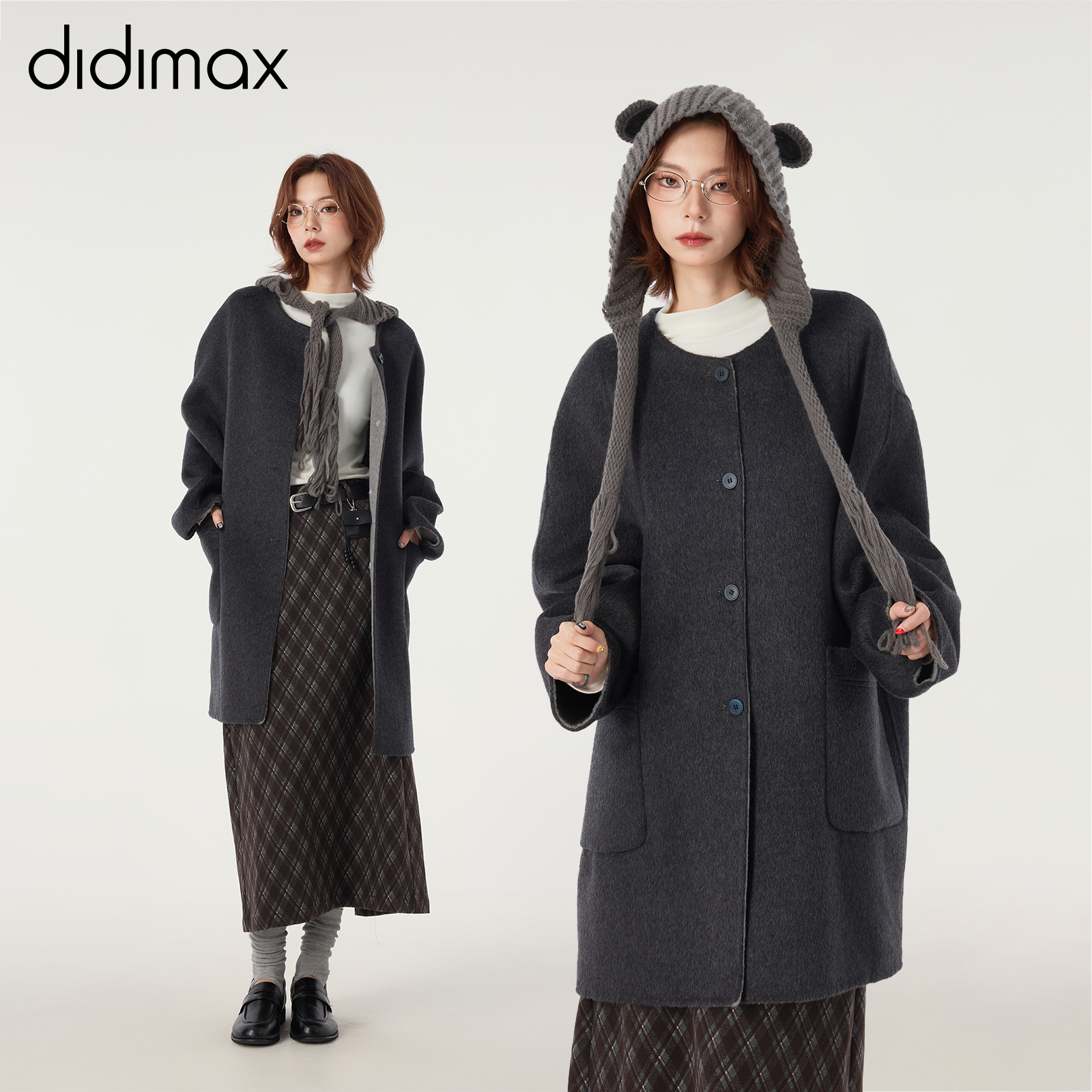 didimax冬季新款深灰色绵羊毛呢子大衣 中长双面呢外套女W35956