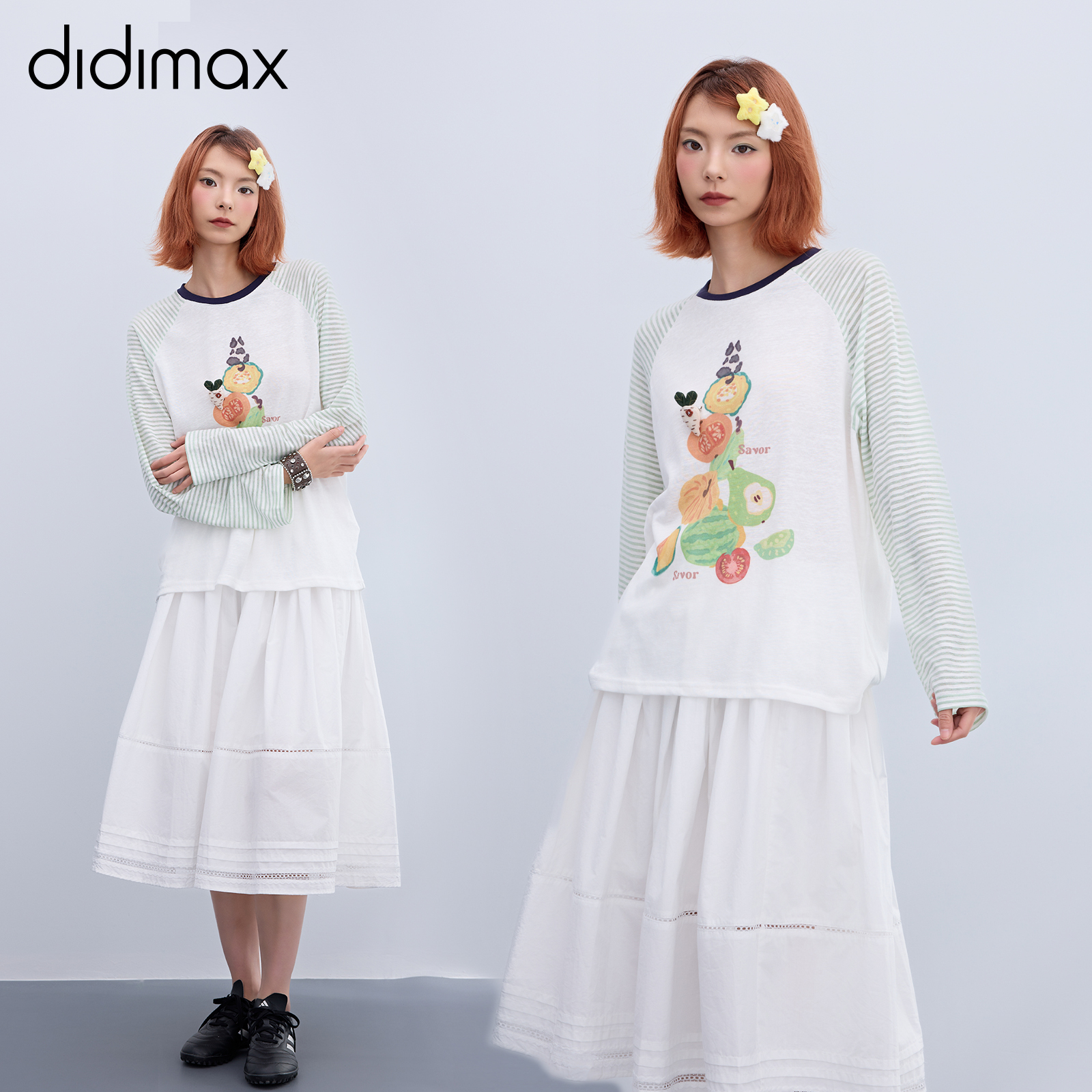 didimax秋季新款 糖果多巴胺 美式拼接长袖T恤衫清透感上衣Q44789