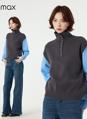 didimax冬季新款灰色高领针织衫 衬衫袖拼接 半开纽扣领口W46866