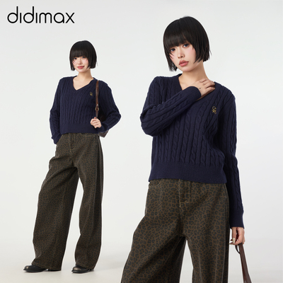 didimax冬季新款藏青色v领绞花短款毛衣 女长袖针织衫 经典W26777