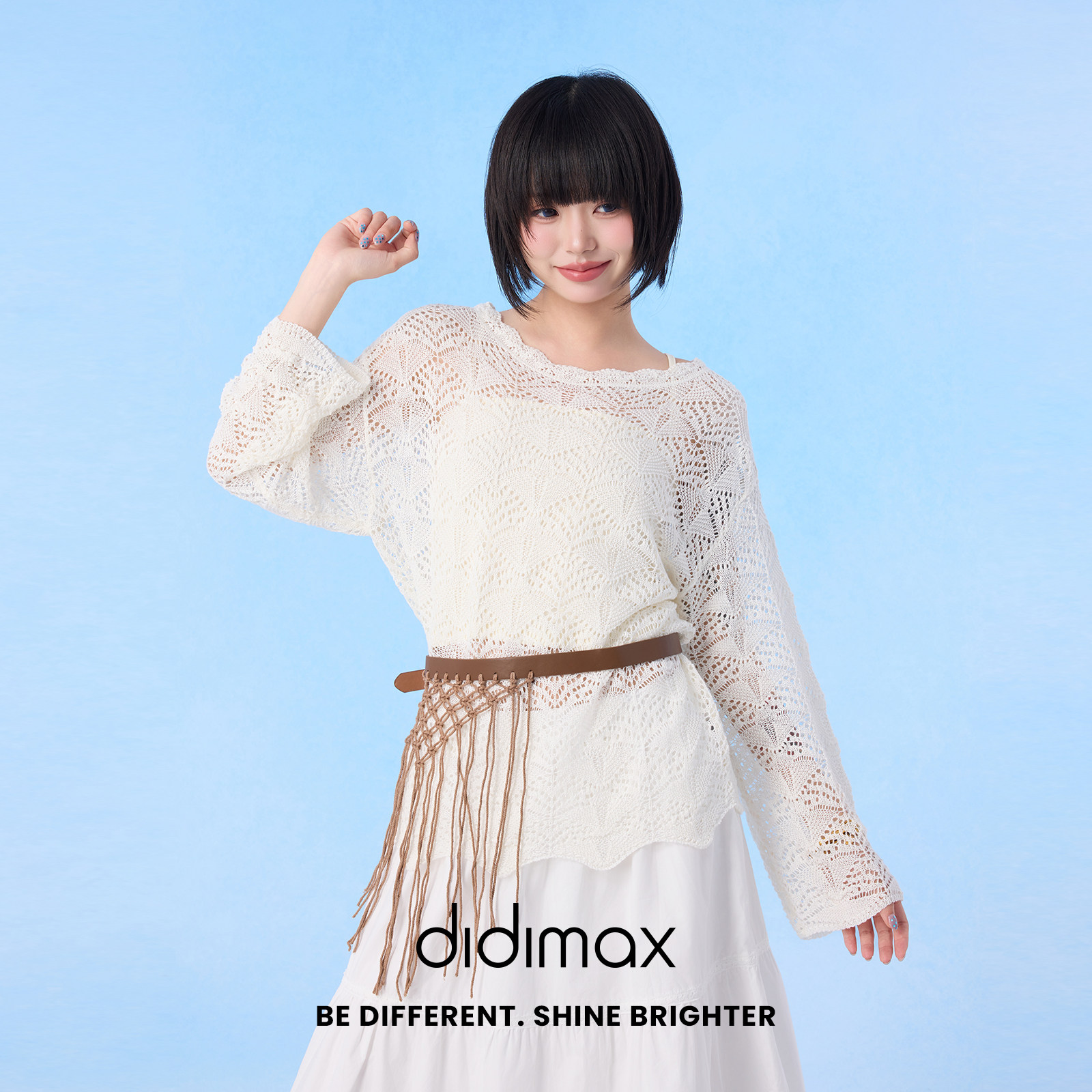 didimax夏季新款杏色蕾丝镂空套头毛针织衫长袖宽松女装X28723