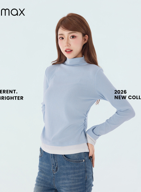 didimax春季新款半高领假两件修身蓝色打底衫 清新柔和上衣C47285