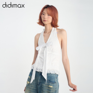 X44307 didimax夏季 新款 蝴蝶结条纹V领挂脖小衫 女蕾丝拼接修身