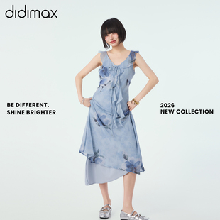 didimax夏季新款蓝色晕染水墨印花无袖长裙 连衣裙V领A字裙X78306