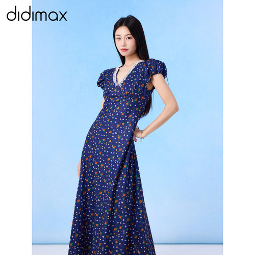 didimax夏季新款蓝色复古碎花连衣裙 V领A字裙 泡泡袖收腰X78634