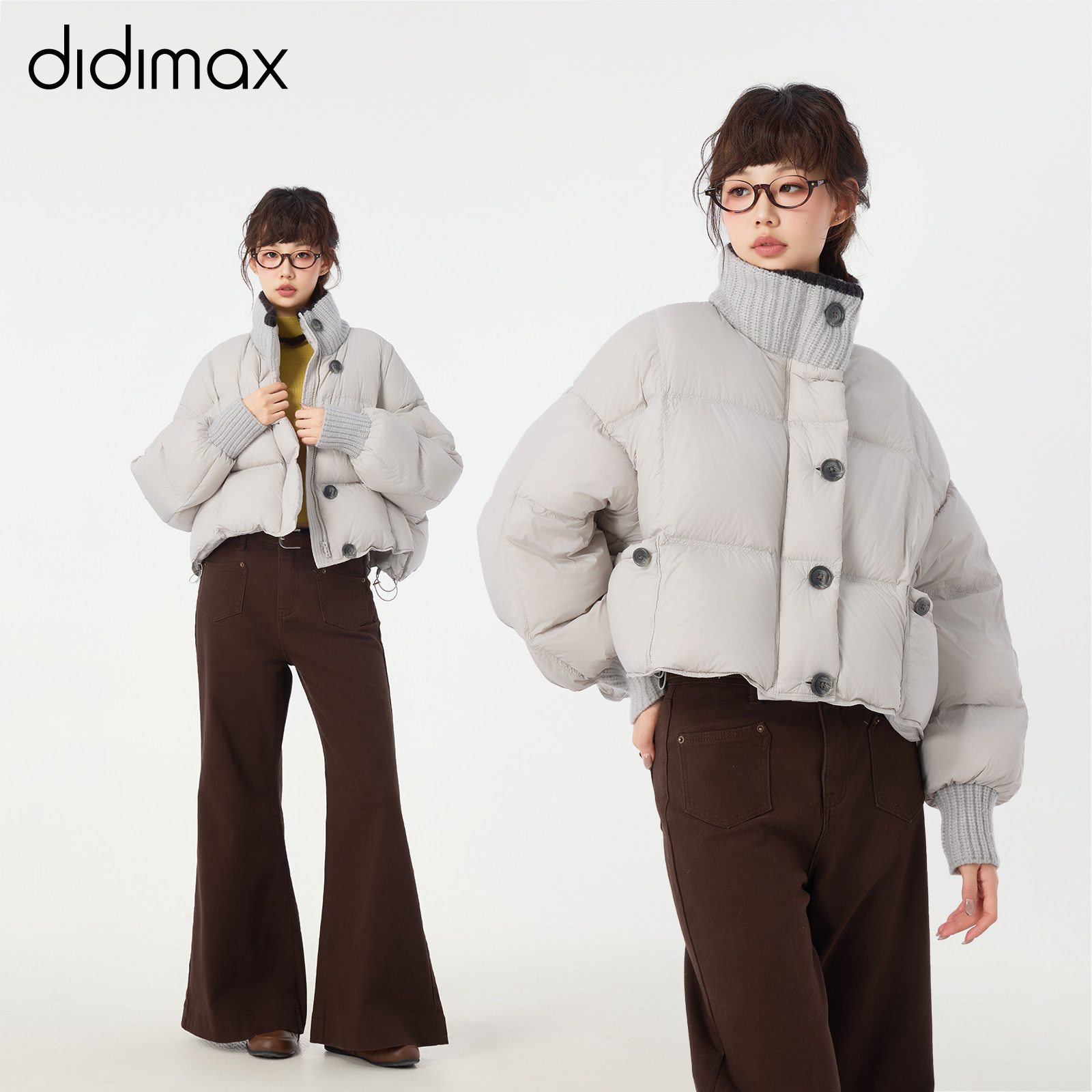 didimax冬季新款浅灰色加绒羽绒服 针织高领拼接 A字复古W36424